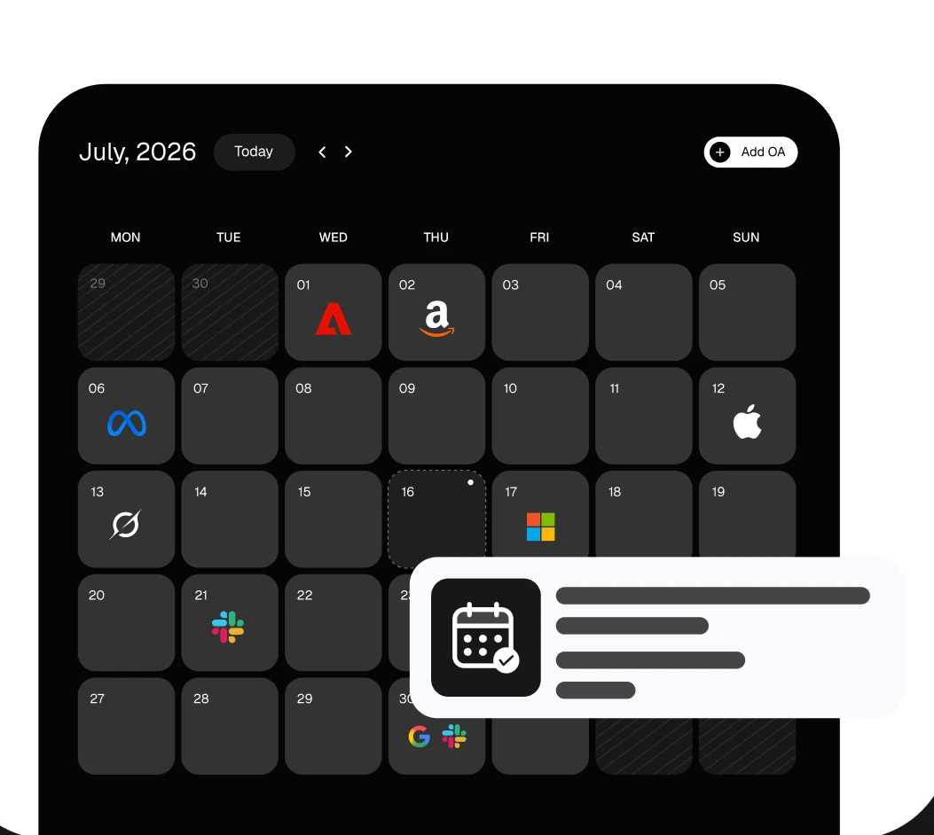 Calendar for July 2026 with company OA dates marked