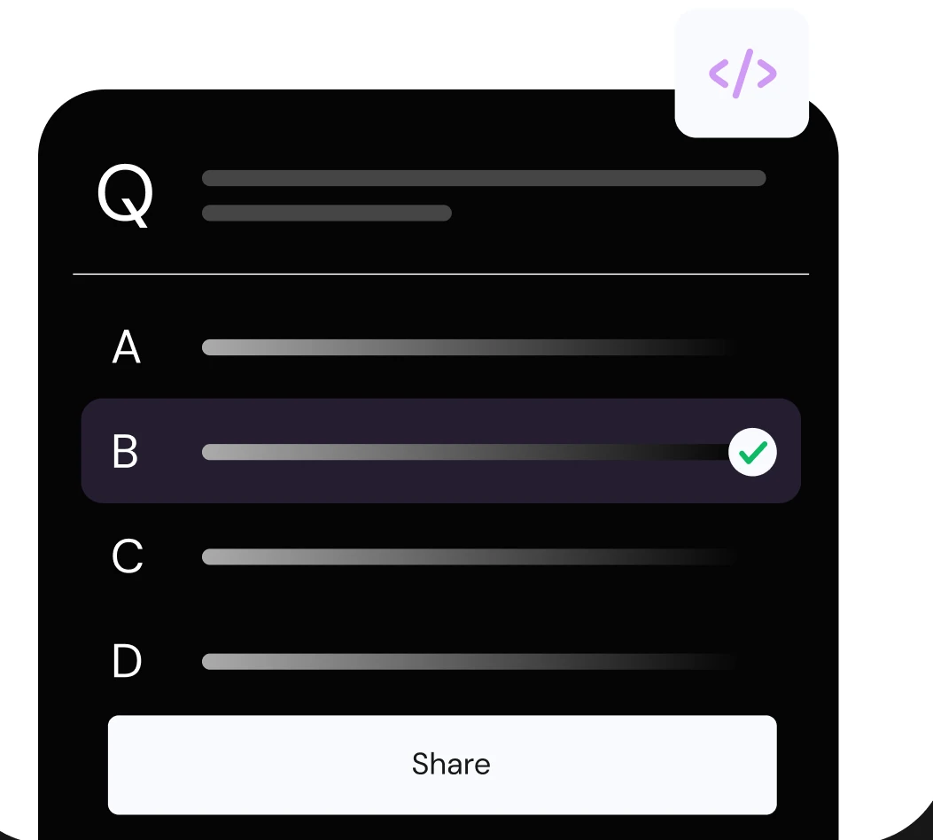 Multiple-choice question with option B selected and a Share button